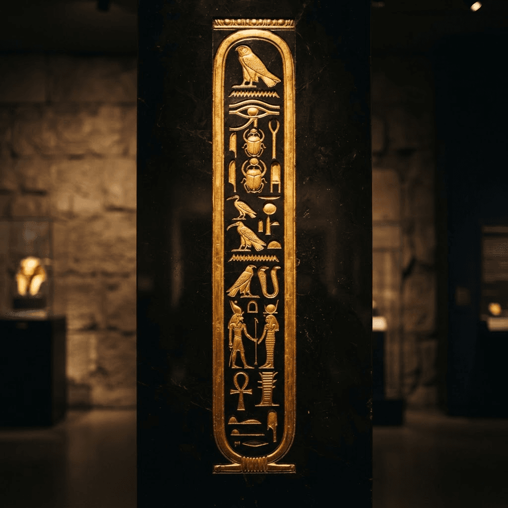 Ancient Egyptian hieroglyphs carved in gold on obsidian stone